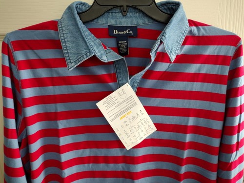Denim & Co Women's Pullover Long Sleeve Blouse Red Blue Striped M