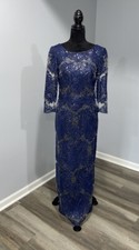 Tahari Arthur Levine ball gown dress size 2 navy blue lace and sequins maxi
