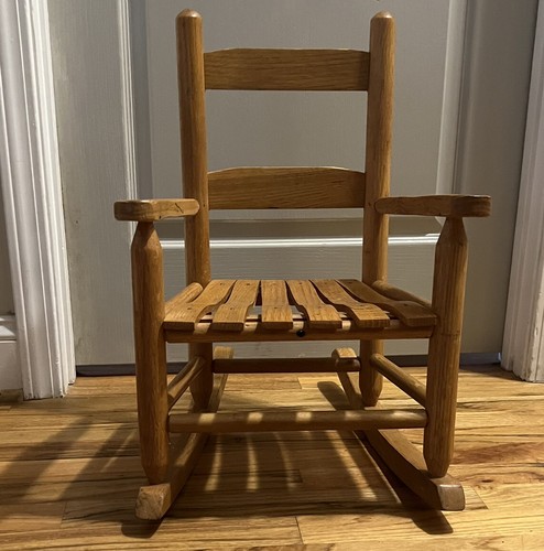 Vintage Rustic Slat Oak Wood Mini Child Doll Rocking Chair Ladder Back Vintage Rustic Slat Oak Wood Mini Child Doll Rocking Chair Ladder Back
