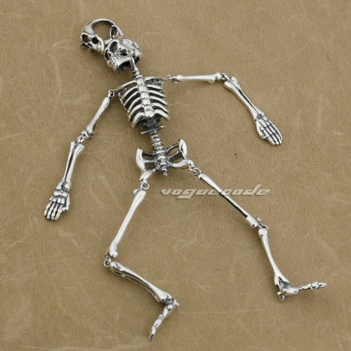 Huge Heavy 925 Sterling Silver Skull Skeleton Mens Biker Gothic Pendant 9L015D - Picture 4 of 4