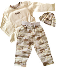 Camouflage Baby Outfit 3-Piece Pants Set LS Shirt Hat Desert Tan Brown 0-6 Month