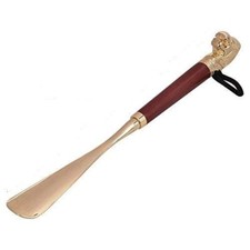 Metal Brass Shoe Horn with Wooden Handle  Golden, Size: 12 inch 