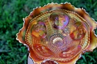 ANTIQUE FENTON HORSEHEAD MEDALLION CARNIVAL GLASS RUFFLED BOWL - MARIGOLD