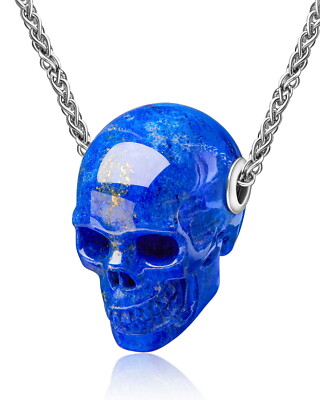 Gemstone Necklace of Lapis Lazuli Hand Carved Crystal Skull Pendant  - Main Image
