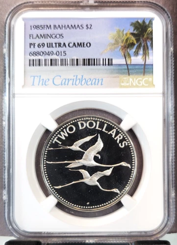 1985 BAHAMAS 2 DOLLARS FLAMINGOS IN FLIGHT NGC PF 69 ULTRA CAMEO RARE TOP POP