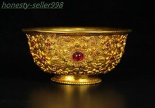 4.8"Marked China bronze 24k gold Gilt phoenix beast flowers statue Tea cup Bowls