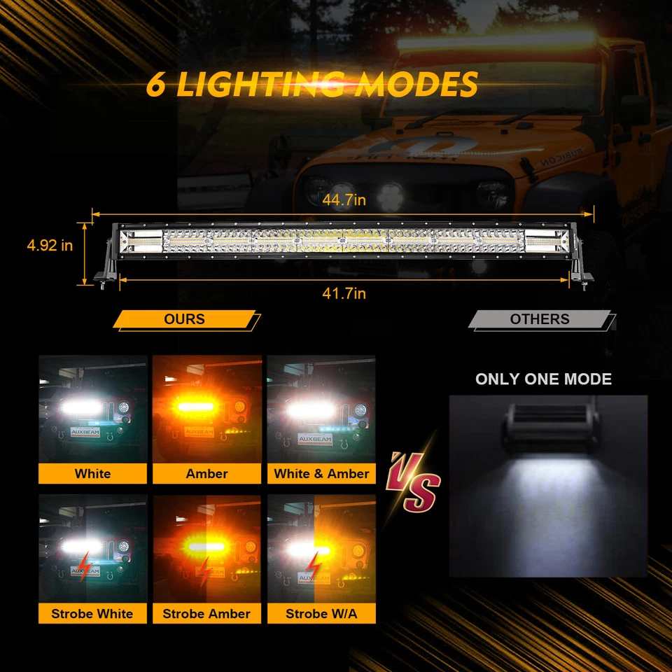 AUXBEAM 42" White Amber Strobe Curved LED Light Bar 6 Modes Flash Off Road Lamp - Imagem 2 de 4