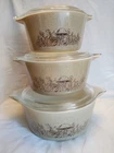 3 VTG Pyrex Forest Fancies Mushroom Covered Casserole Set w Lids 473B 474B 475B