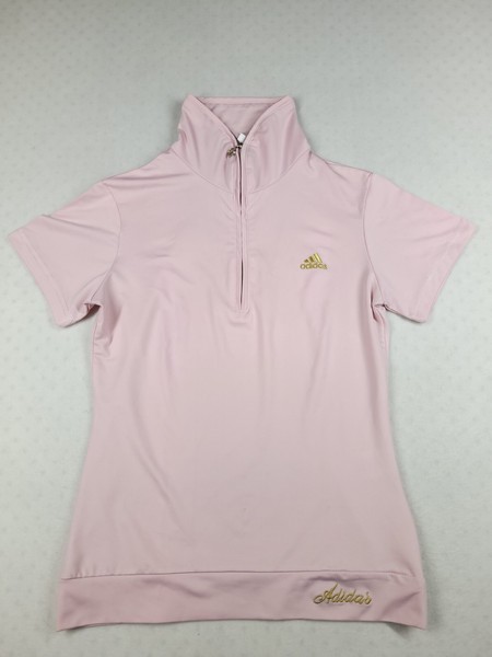 Adidas Shirt 1/4 Zip Casual Logo Short Sleeve Size L Polyester Blend Pink Womens