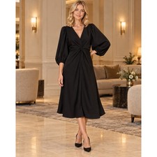 Banana Republic Twist Front Dress Women 2P Black LS Midi Balloon Sleeve Elegant