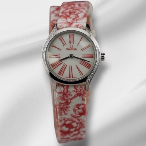 Omega 26mm De Ville Mini Tresor Steel Diamonds Ladies Watch Red Strap 428.17.26
