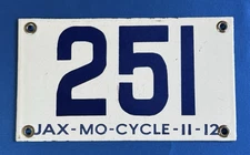 JAX, MO., MOTORCYCLE PORCELAIN LICENSE PLATE "251" METAL SIGN HARLEY 1912