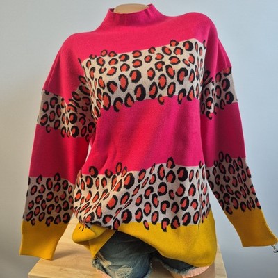 Aniston Pullover Damen Leo Pink Gelb Langarm Stehkragen Gr. 42-44 (3908)