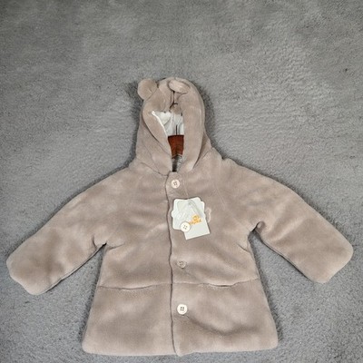 Mayoral Jacket Newborn Girl/ Boy 6-9M Beige Fleece Hooded Cozy Winter Bear NWT