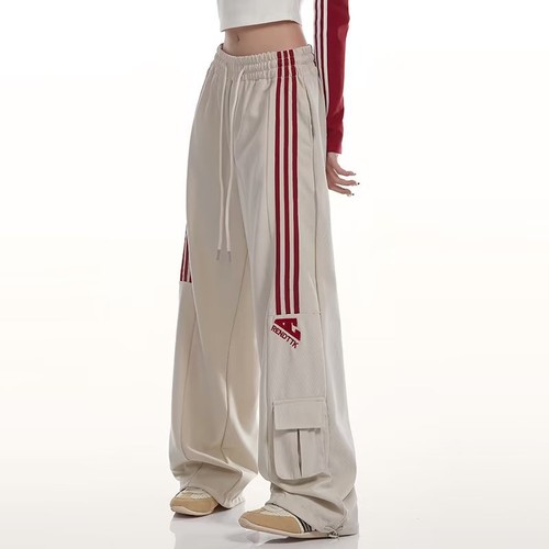 Casual Sports Sweatpants Striped Design, Hip Hop Flowy Straight Leg Cargo Pants