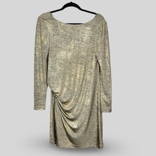 Vince Camuto Metallic Gold Dress Long Sleeve Cowl Back Ruching Size 8