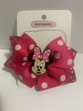 Hair Bow Disney Minnie Mouse Bow Clips Pink Red Glitter Polka Dot Girls 3.5  NEW