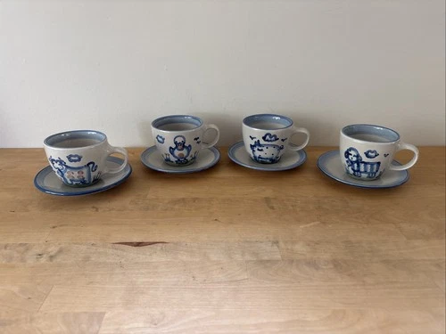 M.A. Hadley Pottery Cups and Saucers - The End  - Farm Scene Mugs - Set of 4