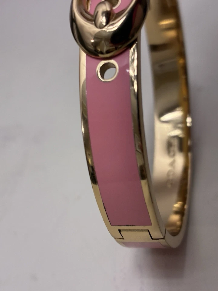 $125 COACH New York Signature Gold/Pink Enamel Push Hinged Bangle Bracelet Sz 7 - Image 3 of 4