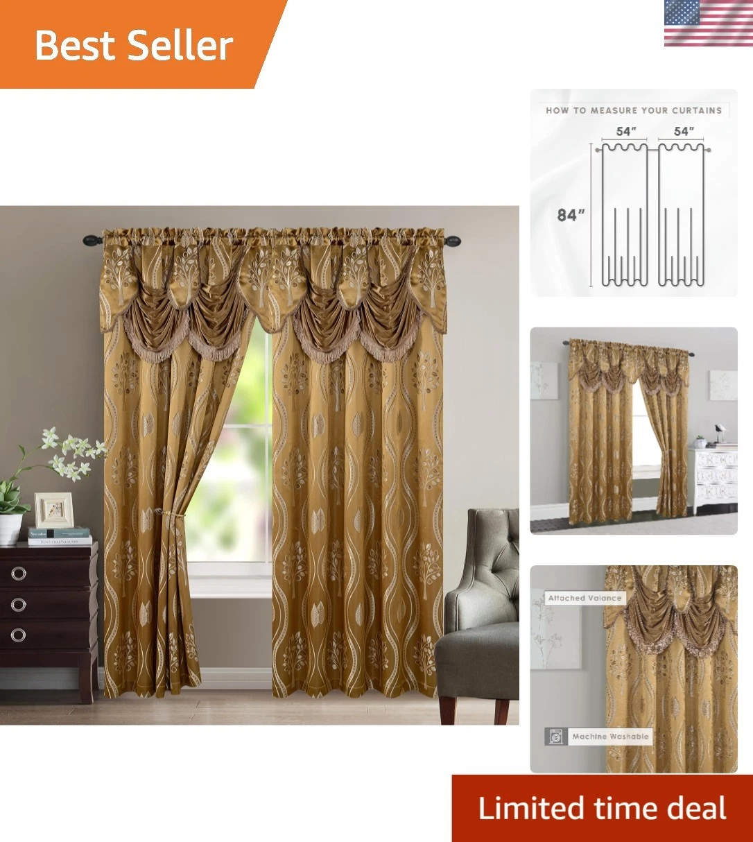 Elegant Aurora Jacquard Look Curtain Set of 2 with Valance - 54'' x 84'' Taupe