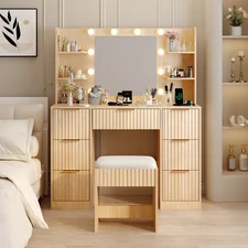 Vanity Drawers Table with 10 Light Bulbs & Built-in Outlets Fluted Makeup Desk