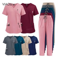 Womens Medical Scrub Set V-Neck Lab Coat Elastic Pocket Uniform Set Doctor Nurse