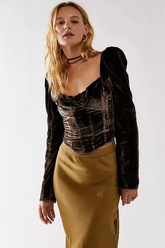 New Free People Bridgette Long Sleeve Velvet Top $128 X-SMALL Brown Corset Insp