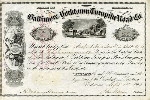 1863 Baltimore & Yorktown Turnpike Road Stock Certificate