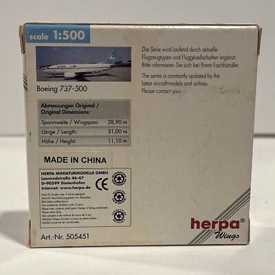1:500 Herpa Luxair Airlines Boeing 737 500 Jet Scale Model