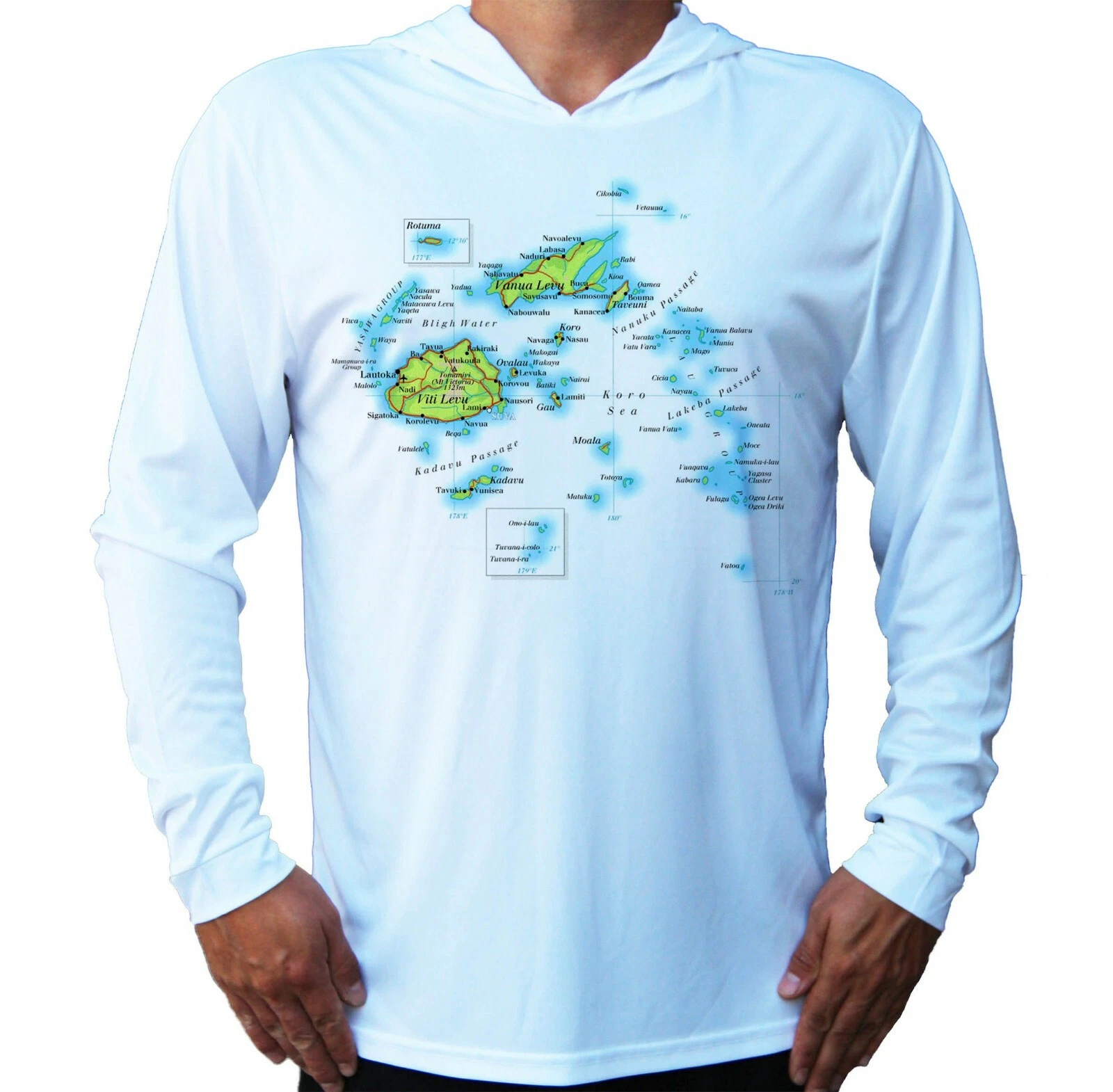 Map of Fiji Islands Sport UV Protected UPF 50 Long Sleeve T-Shirt Hood Fishing