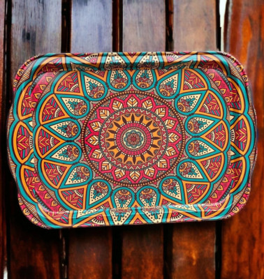 Colorful Metal Tray, 12.25'' x 8.5'' Decorative Coffee / Tea Serving Tray, Turkish