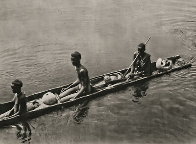 1920s Original AFRICA Black Nude Man Woman Wood Canoe BERNATZIK Photo