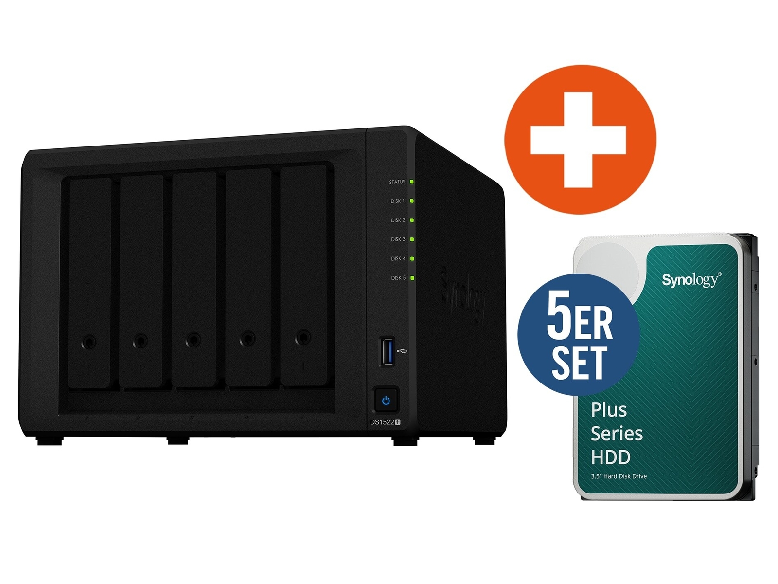 Synology DS1522+ NAS-система с 5 отсеками объемом 80 ТБ, включая 5x16 ТБ HDD Synology HAT3310-16T