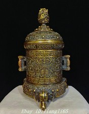 Old Tibet Purple Bronze Gold Auspicious Symbols Dragon Elephant Incense Burner
