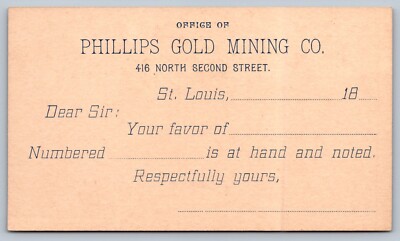 1880s UX9 pioneer postcard unused rare PHILLIPS GOLD MINING CO ST LOUIS MICHIGAN