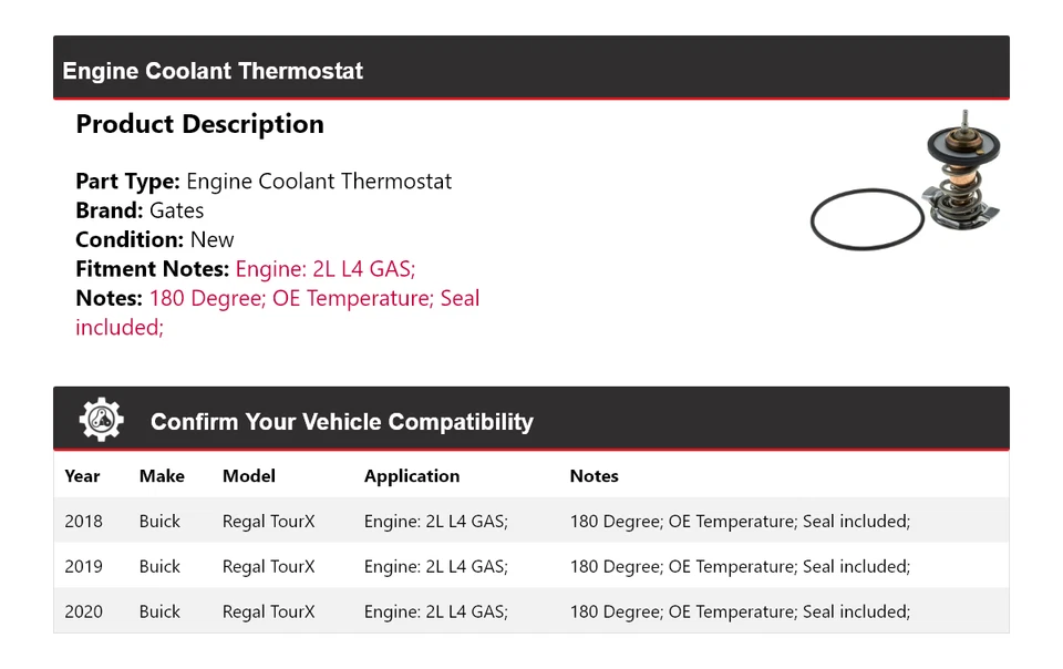 适用于 2018 - 2020 年别克 Regal TourX 2L L4 气体发动机冷却液恒温器门 2019 — 第 2/4 张图片