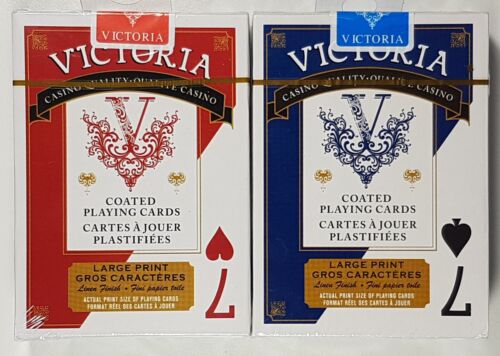 2x Victoria Red + Blue Casino Quality Coated Playing Cards Large Print Standard. - Picture 1 of 2