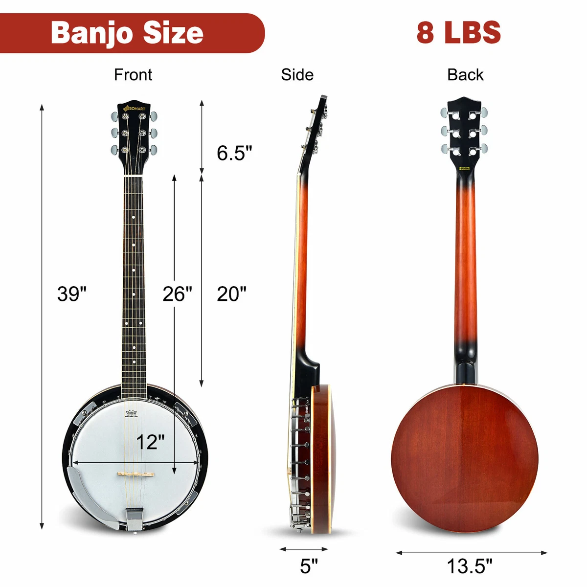 39 Inch 6 String Banjo Open Back Banjo Guitar Ukulele w Remo