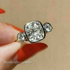14K White Gold Over 3CT Lab-Created Cushion Cut Diamond Engagement 3-Stone Ring