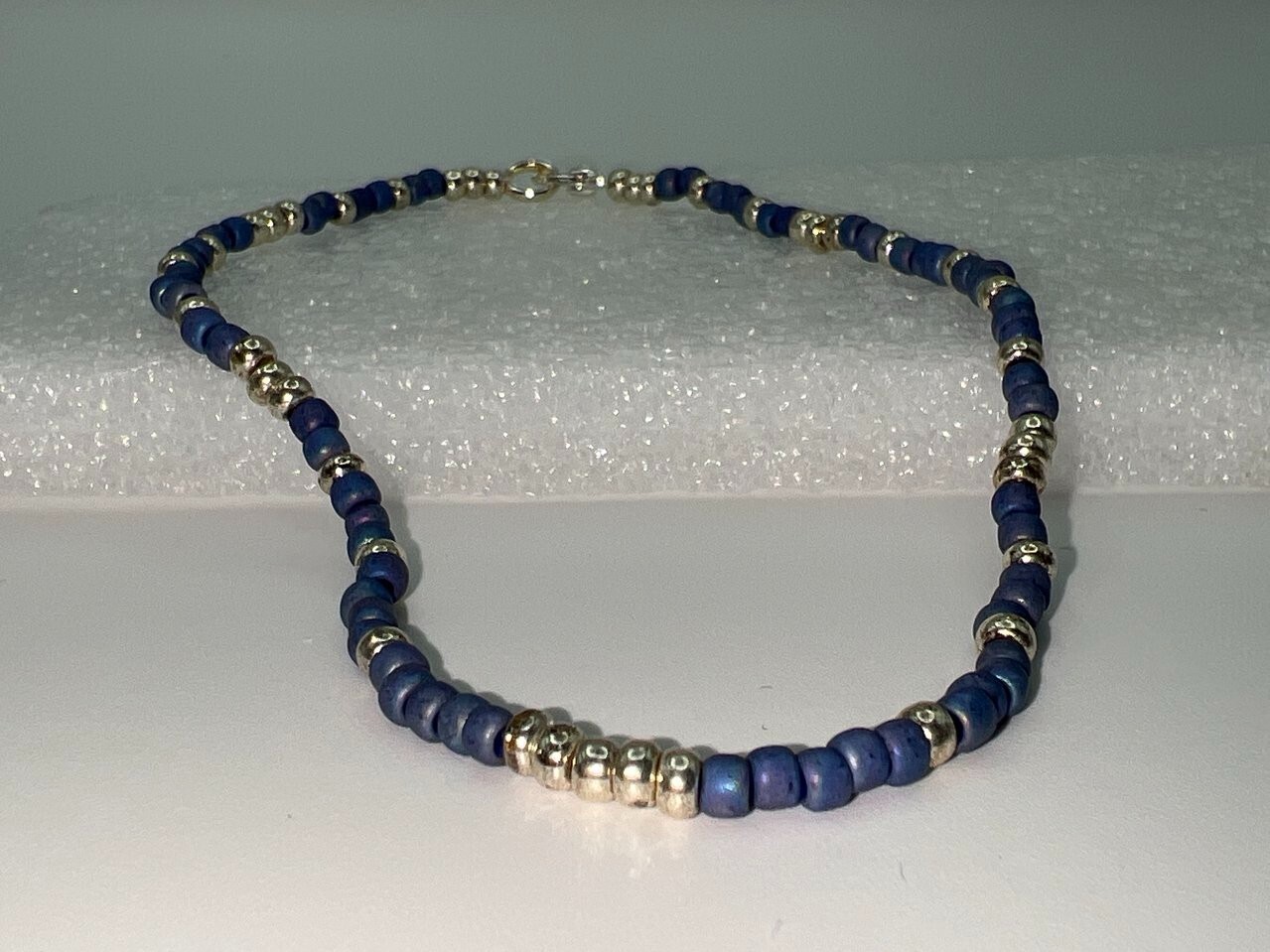 Matte blue glass bead anklet with silver lobster clasp-image