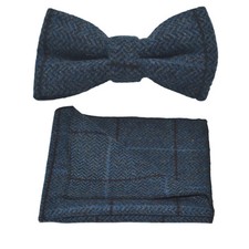 Luxury Aegean Blue Herringbone Check Bow Tie Pocket Square Set, Tweed