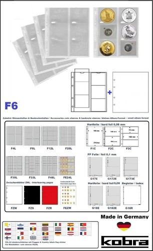 MÜNZHÜLLEN 6 Fächer bis 64 mm Münzblätter glasklar + ZWL weiß Kobra F6 1 Pack - Afbeelding 1 van 24