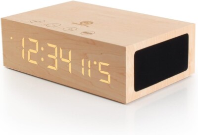 GOgroove Bluetooth Wecker & kabelloser Stereo Lautsprecher aus Holz mit LED Zeit