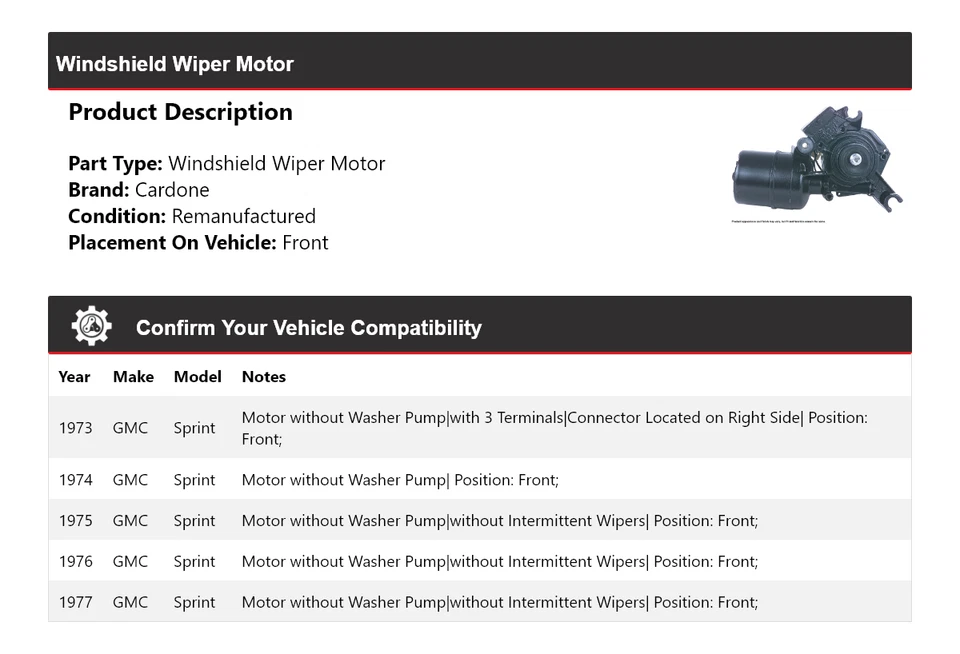Motor limpiaparabrisas delantero cardone 1974 1975 1976 GMC Sprint 1973-1977 Foto 2 de 4