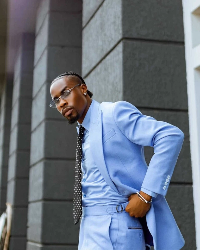 Solid Blue Men's Suits Single Breasted Peak Lapel Jacket Wide Pant Regular Fit - Image 4 of 4