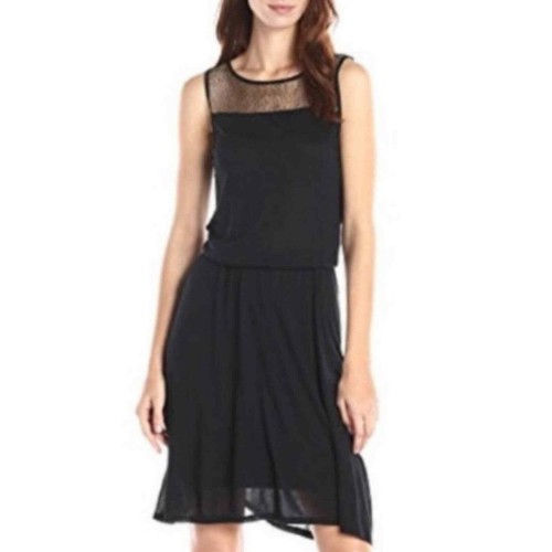 Three Dots Lace Panel Blouson Black Dress Gold Mesh Yoke Sleeveless Size Medium - Picture 2 of 16