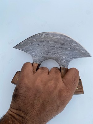 CUSTOM HANDMADE DAMASCUS STEEL ULLU KINFE PIZZA CUTTER WITH LEATHER SHEATH
