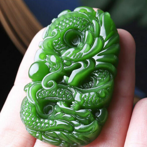 Natürliche grüne Jade Drache Halskette Anhänger Mode handgeschnitzt Glücksamulett - Bild 1 von 5