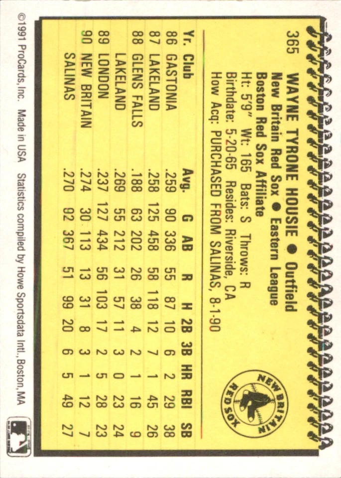 Wayne Housie 1991 ProCards #365 RC New Britain Red Sox *AutographDen* - Image 2 of 2