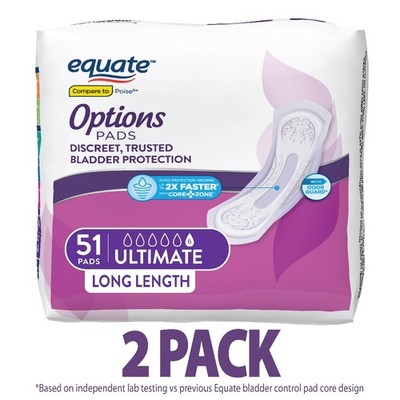 Equate Options Women's Pads, Ultimate Absorb, Unscented, Long Length, 102 Ct 